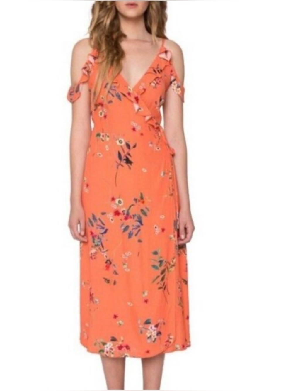 Willow & Clay Coral Floral Cold-Shoulder Wrap Midi Dress